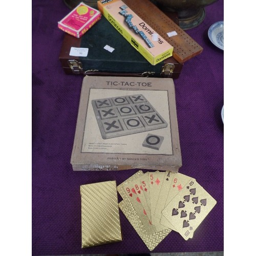 96 - VINTAGE GAMES LOT. BACKGAMMON, CRIBBAGE, DOMINOES, TIC-TAC-TOE, & A SHINY 'GOLD' PLAYING CARD SET.