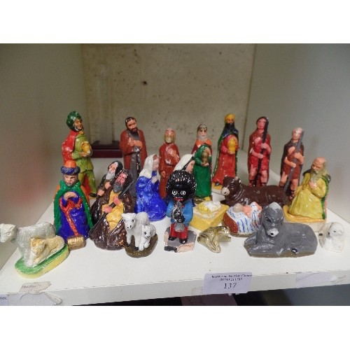 137 - COLLECTION OF PAINTED NATIVITY FIGURES, ALSO A ROBINSONS GOLLY AND A WHIMSIE.