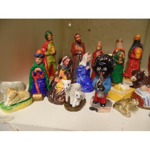 137 - COLLECTION OF PAINTED NATIVITY FIGURES, ALSO A ROBINSONS GOLLY AND A WHIMSIE.