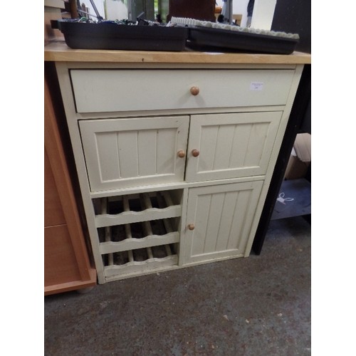 241 - SMALL CREAM PAINTED KITCHEN UNIT WITH SMALL INCORPORATED WINE RACK. BEECH TOP.