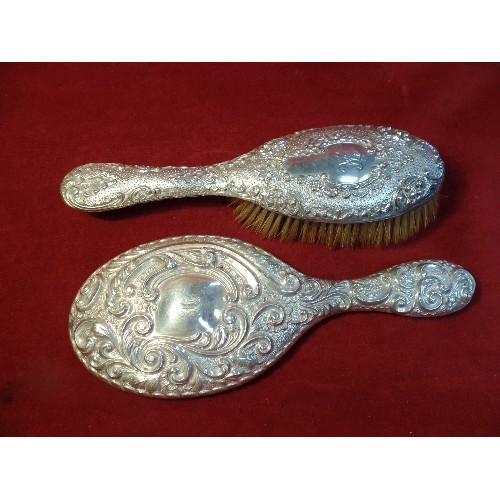 22 - A STERLING SILVER DRESSING TABLE MIRROR AND BRUSH, CHESTER 1905 & BIRM 1898