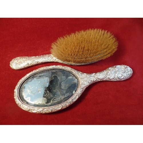 22 - A STERLING SILVER DRESSING TABLE MIRROR AND BRUSH, CHESTER 1905 & BIRM 1898