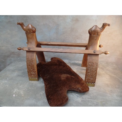 111 - VINTAGE HARDWOOD CAMEL STOOL WITH LOOSE CUSHION - PROBABLY NORTH AFRICAN