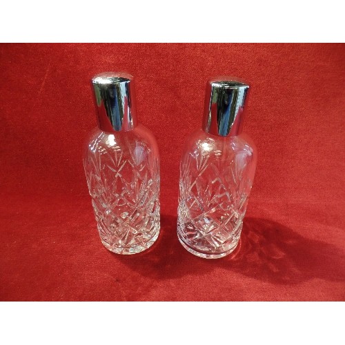 2 - PAIR OF GOOD QUALITY HEAVY CRYSTAL BOTTLE DECANTERS WITH GLASS STOPPERS AND PLATED LIDS - 18CM