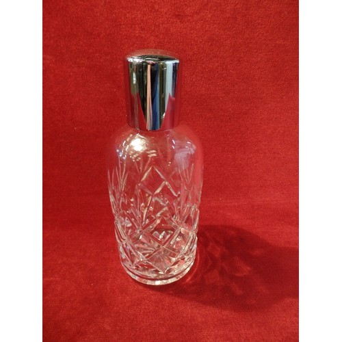 2 - PAIR OF GOOD QUALITY HEAVY CRYSTAL BOTTLE DECANTERS WITH GLASS STOPPERS AND PLATED LIDS - 18CM