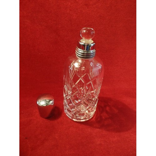 2 - PAIR OF GOOD QUALITY HEAVY CRYSTAL BOTTLE DECANTERS WITH GLASS STOPPERS AND PLATED LIDS - 18CM