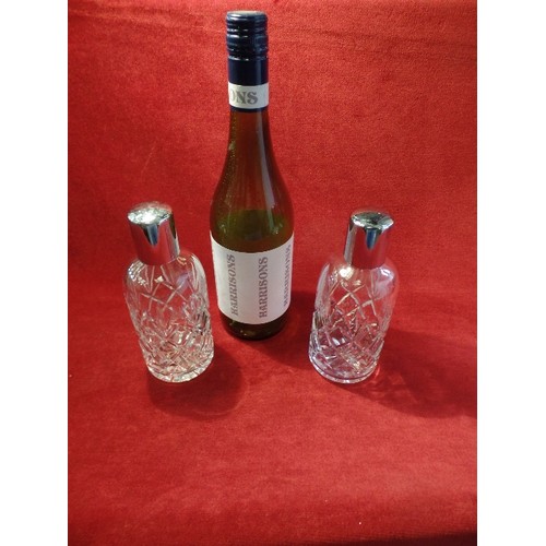 2 - PAIR OF GOOD QUALITY HEAVY CRYSTAL BOTTLE DECANTERS WITH GLASS STOPPERS AND PLATED LIDS - 18CM