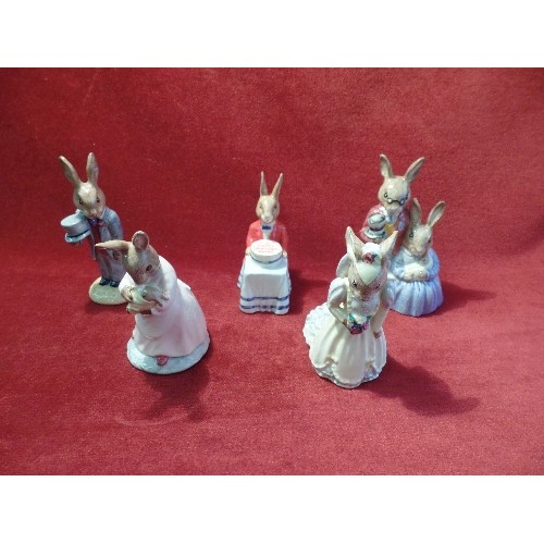 6 - 5 ROYAL DOULTON BUNNYKINS FIGURES - FAMILY EVENTS. INCLUDES BRIDE & GROOM, FATHER MOTHER AND VICTORI... 