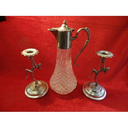 11 - A VINTAGE GLASS CLARET JUG WITH SILVER PLATED TOP AND A PAIR OF MID CENTURY CHROME PLATED DANCING LA... 