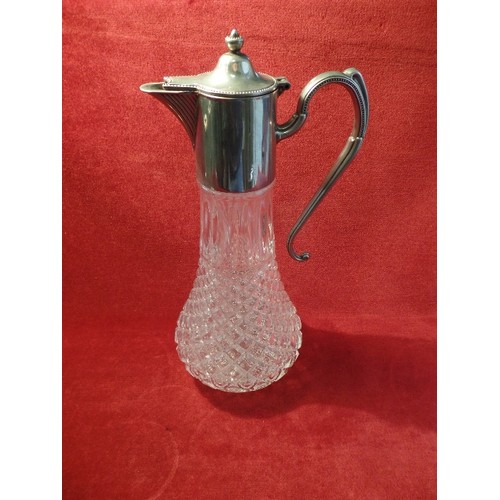 11 - A VINTAGE GLASS CLARET JUG WITH SILVER PLATED TOP AND A PAIR OF MID CENTURY CHROME PLATED DANCING LA... 