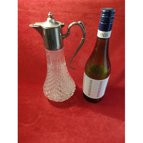 11 - A VINTAGE GLASS CLARET JUG WITH SILVER PLATED TOP AND A PAIR OF MID CENTURY CHROME PLATED DANCING LA... 