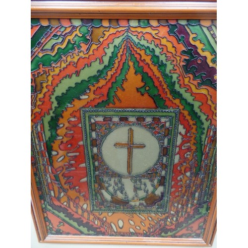 13 - A BEAUTIFUL HANDMADE ENAMELLED GLASS ARTWORK OF A CENTRAL CROSS SURROUNDED BY FREE FORM PATTERN IN R... 