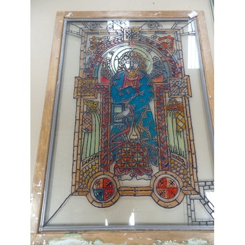 14 - AN ORIGINAL  STAINED GLASS ART WORK OF A SAINT IN AN ARCHWAY - 38CM X 46CM