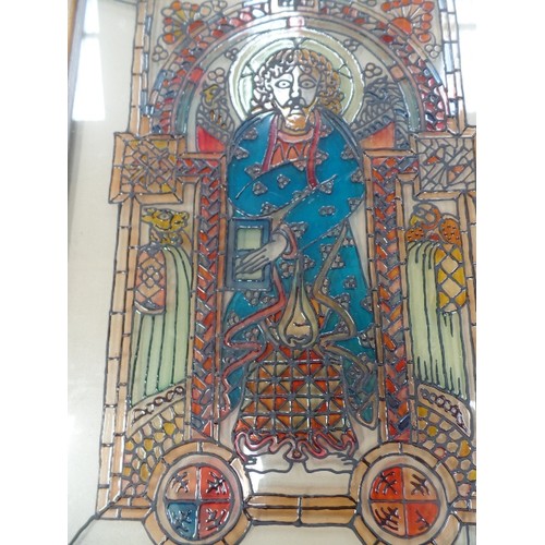 14 - AN ORIGINAL  STAINED GLASS ART WORK OF A SAINT IN AN ARCHWAY - 38CM X 46CM