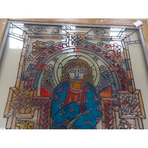 14 - AN ORIGINAL  STAINED GLASS ART WORK OF A SAINT IN AN ARCHWAY - 38CM X 46CM