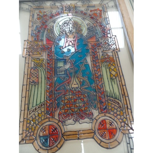 14 - AN ORIGINAL  STAINED GLASS ART WORK OF A SAINT IN AN ARCHWAY - 38CM X 46CM