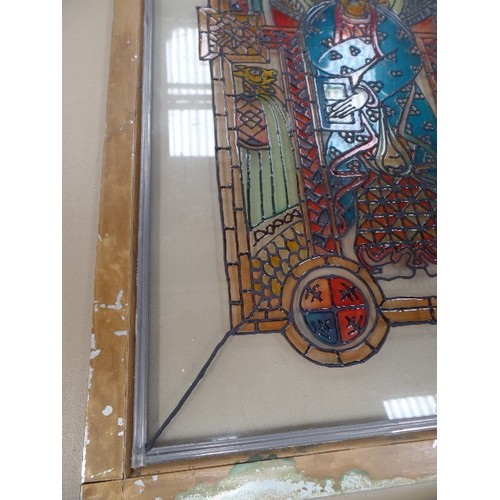 14 - AN ORIGINAL  STAINED GLASS ART WORK OF A SAINT IN AN ARCHWAY - 38CM X 46CM