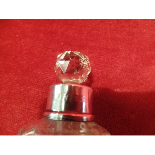 17 - EDWARDIAN CUT GLASS SCENT BOTTLE WITH SILVER COLLAR - BIRM HALLMARK - 10CM H