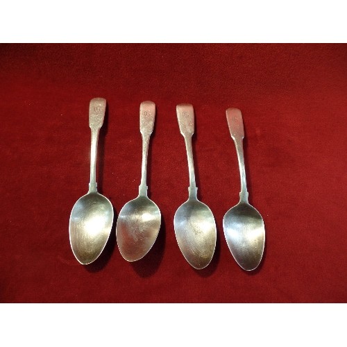 25 - FOUR STERLING SILVER FIDDLE PATTERN DESSERT SPOONS WITH 