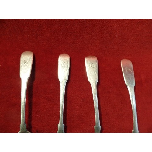 25 - FOUR STERLING SILVER FIDDLE PATTERN DESSERT SPOONS WITH 