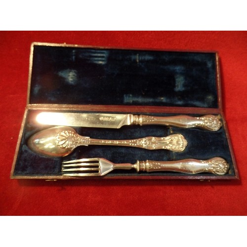 33 - GOOD QUALITY WILLIAM IV TRAVELLING KINGS PATTERN CUTLERY SET IN CASE. CONSISTING OF KNIFE SPOON AND ... 