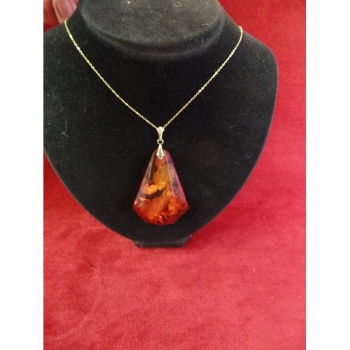 37 - A BEAUTIFUL & VERY LARGE AMBER PENDANT WITH ORGANIC INCLUSIONS (6CM X 4CM), WITH A 14CT GOLD CLASP O... 