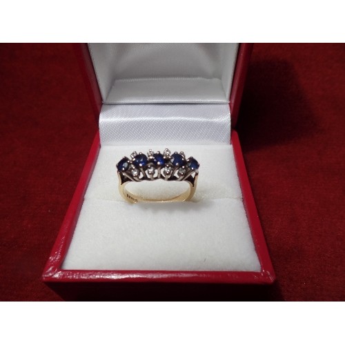 43 - 18CT GOLD DRESS RING SET WITH 5 ROUND CUT SAPPHIRES FLANKED BY 8 DIAMONDS - 3.6 GRAMS