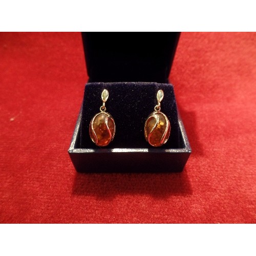 66 - PAIR OF 9CT GOLD EARRINGS ENCASING OVAL AMBER DROPS