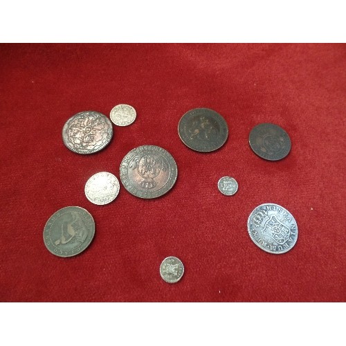 75 - INTERESTING LOT OF EARLY SPANISH AND SPANISH COLONIAL COINS INCLUDING SILVER. MADRID 1785 2 REALES, ... 