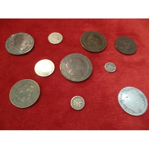 75 - INTERESTING LOT OF EARLY SPANISH AND SPANISH COLONIAL COINS INCLUDING SILVER. MADRID 1785 2 REALES, ... 