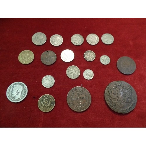 80 - TRAY OF INTERESTING RUSSIAN COINS INC 5 KOPEK 1790 CATHERINE THE GREAT, 5 KOPEK 1875 ALEXANDER 11, 1... 