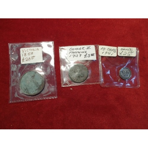 82 - TUB OF MIXED COINS, BRITISH AND FOREIGN, SOME SILVER. INCLUDES WILLIAM & MARY HALFPENNY 1694, GEO II... 