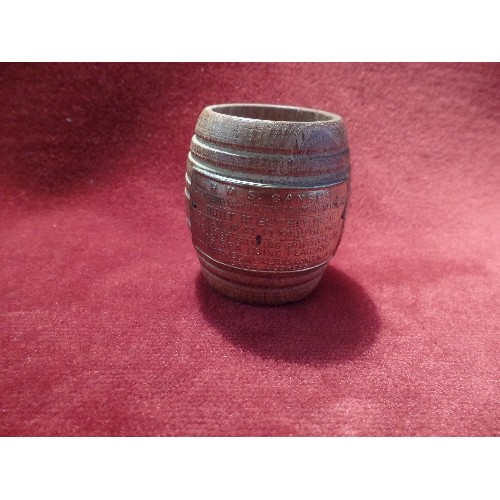 95 - A MINIATURE CARVED BARREL FROM H.M.S. GANGES WITH BRASS PLAQUE (BUILT 1821 BOMBAY, CONSTRUCTED FROM ... 