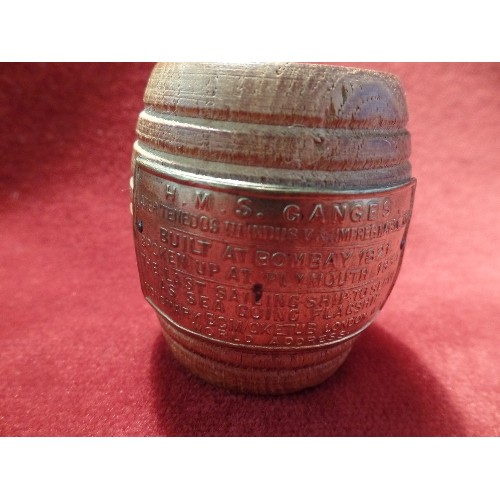 95 - A MINIATURE CARVED BARREL FROM H.M.S. GANGES WITH BRASS PLAQUE (BUILT 1821 BOMBAY, CONSTRUCTED FROM ... 