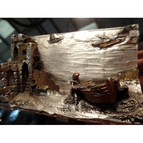 19 - UNUSUAL & DETAILED ITALIAN TWO TONE SILVER AND GOLD PLATED WALL SCULPTURE OF A FISHING BOAT ON THE S... 