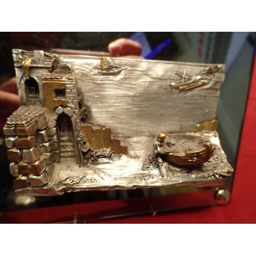 19 - UNUSUAL & DETAILED ITALIAN TWO TONE SILVER AND GOLD PLATED WALL SCULPTURE OF A FISHING BOAT ON THE S... 