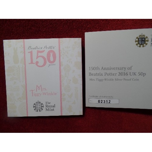 70 - TWO ROYAL MINT 150TH ANNIVERSARY OF BEATRIX POTTER 2016, UK SILVER PROOF 50p COINS, ONE DEPICTING MR... 