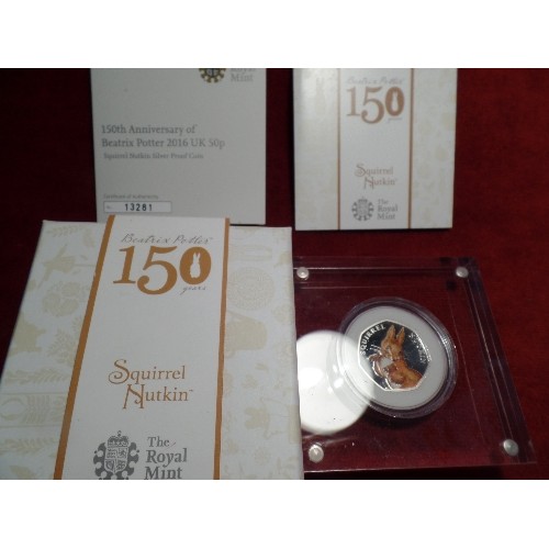 70 - TWO ROYAL MINT 150TH ANNIVERSARY OF BEATRIX POTTER 2016, UK SILVER PROOF 50p COINS, ONE DEPICTING MR... 