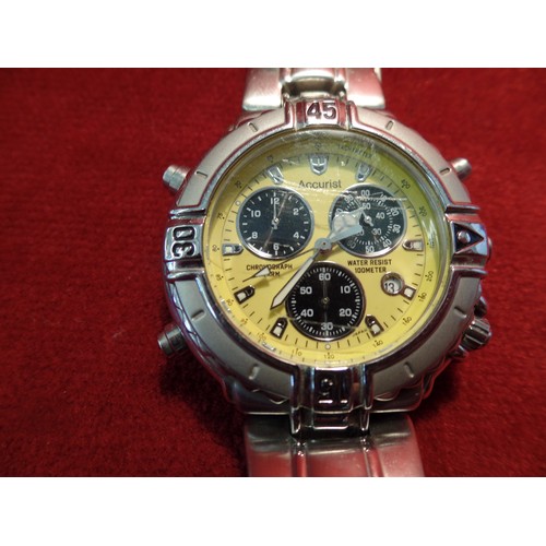 60C - AN ACCURIST DIVERS 100M CHRONOGRAPH QUARTZ WATCH , LUMINOUS YELLOW DIAL WITH BLACK SUBSIDIARY DIALS.... 