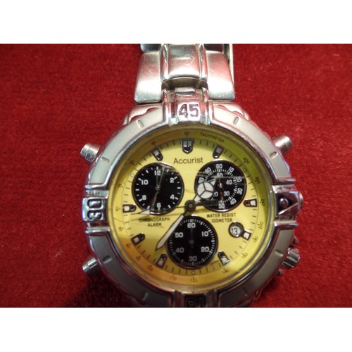 60C - AN ACCURIST DIVERS 100M CHRONOGRAPH QUARTZ WATCH , LUMINOUS YELLOW DIAL WITH BLACK SUBSIDIARY DIALS.... 