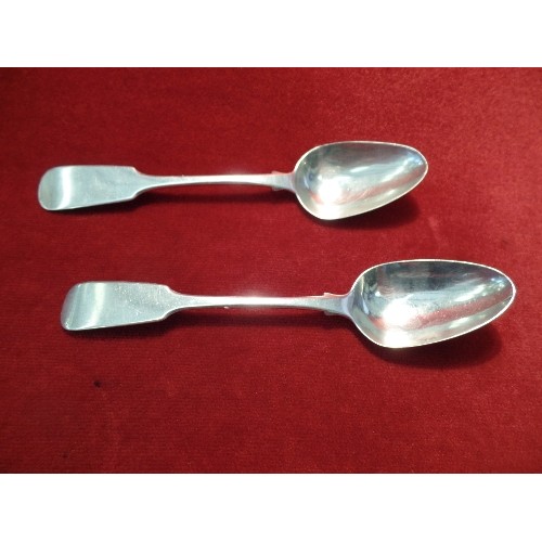 35 - PAIR OF GEORGIAN STERLING SILVER FIDDLE PATTERN DESSERT SPOONS, DUBLIN 1810, WILLIAM WARD - 67 GRAMS