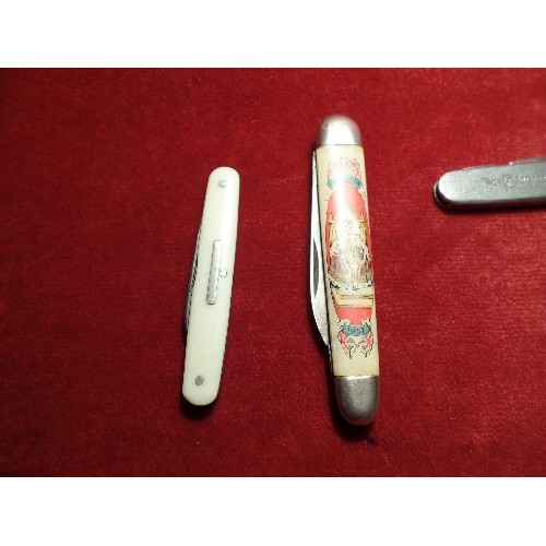 46D - THREE VINTAGE PENKNIVES INC CORONATION 1937, IVORINE HANDLED KNIFE MARKED G BUTLER, ADVERTISING KNIF... 