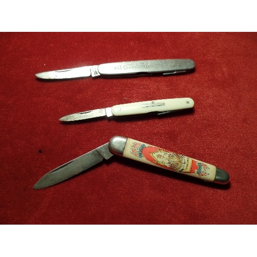 46D - THREE VINTAGE PENKNIVES INC CORONATION 1937, IVORINE HANDLED KNIFE MARKED G BUTLER, ADVERTISING KNIF... 