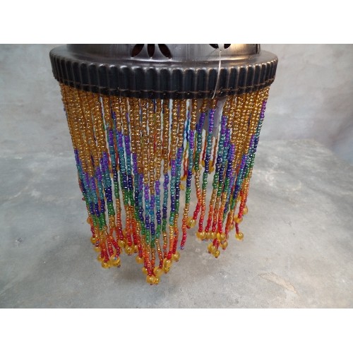 132 - A BRONZE METAL AND BEADED PENDANT LIGHT SHADE - 20CM DIA