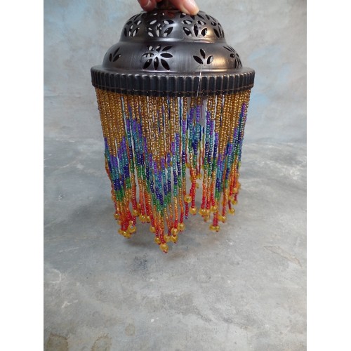 132 - A BRONZE METAL AND BEADED PENDANT LIGHT SHADE - 20CM DIA