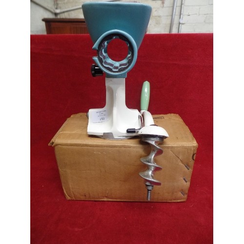 231 - SMALL VINTAGE MINCER. LABEL ON ORIGINAL BOX  'LIMPET SPECIAL-TURQUOISE HOPPER & WHITE'