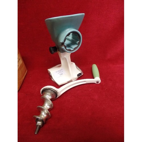 231 - SMALL VINTAGE MINCER. LABEL ON ORIGINAL BOX  'LIMPET SPECIAL-TURQUOISE HOPPER & WHITE'