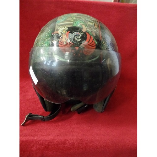 240 - CUSTOMISED FIBREGLASS MOTORCYCLE HELMET WITH DARK GREEN  & GOLD SPARKLY FINISH. TRANSFERS RUNNING FR... 