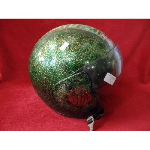 240 - CUSTOMISED FIBREGLASS MOTORCYCLE HELMET WITH DARK GREEN  & GOLD SPARKLY FINISH. TRANSFERS RUNNING FR... 