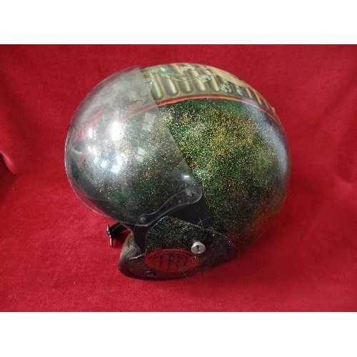 240 - CUSTOMISED FIBREGLASS MOTORCYCLE HELMET WITH DARK GREEN  & GOLD SPARKLY FINISH. TRANSFERS RUNNING FR... 